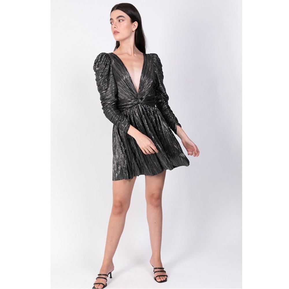 Sabina Musayev Metallic Black Pleated Mini Dress